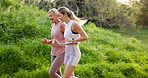 Fitness, park or running with mother and daughter outdoor in summer for cardio or marathon training. Exercise, sports or workout with mature parent and woman in forest for challenge or performance