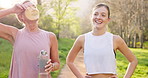 Fitness, laughing or park with mother and daughter outdoor in summer for cardio or marathon training. Exercise, runner or water with funny mature parent and woman in forest for workout routine