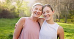 Fitness, hug or park with mother and daughter outdoor in summer for cardio or marathon training. Exercise, runner or workout with portrait of mature parent and woman in forest for start of routine