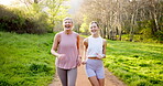 Fitness, nature or running with mother and daughter outdoor in summer for cardio or marathon training. Exercise, timelapse or workout with mature parent and woman in forest for workout routine