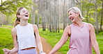 Fitness, holding hands or park with mother and daughter outdoor in summer for cardio or marathon training. Exercise, funny or walking with mature parent and woman in forest for workout routine