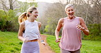 Laughing, park or running with mother and daughter outdoor in summer for cardio or marathon training. Exercise, fitness or workout with mature parent and woman in forest for bonding or wellness