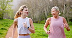 Exercise, nature or running with mother and daughter outdoor in summer for cardio or marathon training. Fitness, smile or talking with mature parent and woman in forest for start of warm up routine