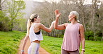 Fitness, high five or time with mother and daughter outdoor in summer for cardio or marathon training. Exercise, fitness or watch with mature parent and woman runner in forest for workout success