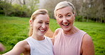 Face, mother and daughter on selfie for fitness with smile for social media, post and profile picture in `Canada. People, mature parent and happy in forest on morning walk, run and exercise break