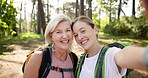 Outdoor, women and portrait with selfie for hiking, document  memory or profile picture for social media. Nature, senior mom and adult daughter with photography for bonding together, smile or fitness