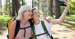 Outdoor, women and happy with selfie for hiking, document  memory and profile picture for social media. Nature, senior mom and adult daughter with photography for bonding together, smile and fitness