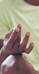 Person, closeup and hand with mudra in exercise for spiritual healing, mindfulness and inner peace. Zen, calm and relax with chakra balance meditation for holistic, awareness and mental health