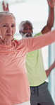 Gym, senior people and fitness with jump for wellness, coordination and balance with endurance. Class, group and woman mentor with exercise for cardiovascular health, aerobics and physical training