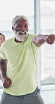 Class, senior man and fitness with punch for wellness, coordination and balance with endurance. Gym, group and male mentor with jump exercise for cardiovascular health, aerobics and physical training