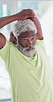 Senior man, stretching and fitness in gym for retirement, exercise and preparing for workout. Black person, serious and arm with flexibility at health club for warm up, wellness and start of training