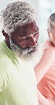 Stretching, black man and elderly class with group pilates in retirement home with zen and balance. Health, wellness and relax in yoga studio with eyes closed and calm together with practice 