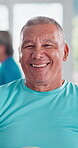 Gym, face and senior man for fitness with smile, wellness and physical health for confidence. Training center, male person and portrait with pride for exercise, workout and happiness in retirement