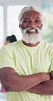 Fitness, class and portrait of mature black man with smile, confidence and workout at gym. Yoga, relax and happy face of senior person at health club for exercise, wellness or care with arms crossed