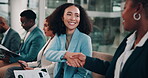 Business, people and women with handshake at seminar for introduction, greeting or welcome to conference. B2b collaboration, happy and shaking hands at recruitment workshop for networking opportunity