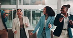 Business, people and energy with dancing in office for celebration of kpi growth, team building and happy. Professional, employees and success with collaboration goal, sales target and company deal