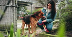 Woman, dog and care with eating at shelter by cage, volunteer or outdoor together for bonding with love. Person, helping hand and giving snack with abandoned pet, animal and German shepherd in Mexico