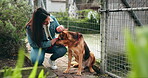 Smile, girl and play with animal at shelter of adoption service, homeless dogs and rescue centre. Happy, woman and touching puppy for bonding together, foster care and pet welfare with charity ngo