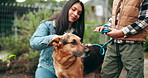 Boy, dog and mom with care at shelter with German shepherd, stroke and love for homeless pet. Child, mother and learning with charity, kindness and family at abandoned animal center in Colombia