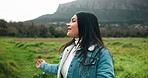 Breathing, fresh air and woman in nature, outdoor and peace on holiday, mountain and sightseeing. Travel, wellness and happy in weekend, calm and tourist with smile, confident or person in California