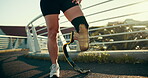 Prepare, city and woman with prosthetic leg for workout, marathon training and exercise. Sports, runner athlete and person with disability start for wellness, health and performance on town street