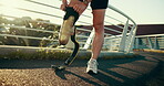 Prepare, town and woman with prosthetic leg for workout, marathon training and exercise. Sports, runner athlete and person with disability start for wellness, health and performance on city street