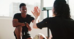 Fitness, high five or prosthetic with coach and woman in studio for workout. Exercise, sit up or training with personal trainer and amputee client in gym class for development, improvement or success