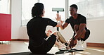 Fitness, high five or prosthetic with personal trainer and woman in studio for workout. Exercise, sit up or training with coach and amputee client in gym class for development, improvement or success