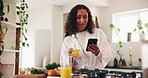 Cooking, juice and phone with woman in kitchen of home for app, social media or text message. Drink, mobile and recipe with mature person in apartment to search for diet, health or nutrition info