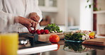 Hands, cutting vegetables or packing in container for cooking tomato, meal prep or ingredient. Chopping board, home or lunch box for healthy food storage or woman with organic diet closeup in kitchen