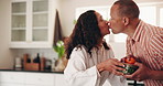 Kiss, couple and prepare in kitchen and with meal, food and ready for work in home. Love, bonding and romance with man, woman and breakfast or healthy food with morning routine or support in house