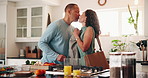 Kiss, couple and prepare in kitchen with breakfast, food and ready for work in home. Love, bonding and romance with man, woman and cutting for healthy meal with morning routine or support in house