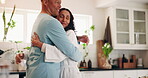 Dance, couple and love in kitchen with breakfast, food and ready for work in home. Smile, bonding and romance with man, woman and prepare for healthy meal with morning routine or support in house