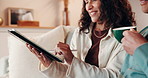 Tablet, smile and couple in home living room on sofa, streaming video and bonding. Coffee break, technology and happy man and woman with website for social media research or internet browsing