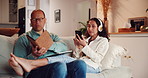 Tablet, notes and couple in home living room on sofa, streaming video and bonding. Notebook, technology and happy man and woman with website for social media research or internet browsing in house