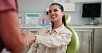 Handshake, medical and welcome with woman at dentist for cleaning, oral hygiene and checkup. Consulting, dental and healthcare advice with person at clinic for orthodontist, treatment and exam