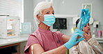 Mature, syringe and tools with women at dentist for cleaning, oral hygiene and injection. Consulting, dental and healthcare advice with people at clinic for gum anesthesia, treatment and exam