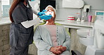 Dentist, tools and checkup for mature woman, consultation and healthcare for senior person and talking. Hospital, teeth and oral hygiene for grandma, medical appointment and treatment for toothache