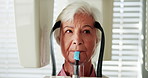 Dental, radiation and woman with xray machine at dentist for digital panoramic image, oral hygiene or gum disease. Senior patient, radiography or person with surgery examination at stomatology clinic