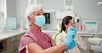 Consulting, syringe and medical with  patient at dentist for cleaning, oral hygiene and anesthesia. Injection, dental and healthcare with people at clinic for orthodontist, treatment and teeth exam