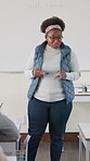 Education, presentation and project with student black woman in classroom of college for speech. Confident, lecture and talking with learner at school or university for learning, scholarship or study