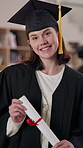 Graduation, student and diploma with achievement, success and high school for university or college. Female person, happiness and milestone in celebration, academy or education as scholar at ceremony