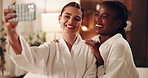 Women, friends and bonding at spa with selfie for social media, post and profile picture in happiness. Relationship, customers and smile for massage with health benefits, break and luxury for support