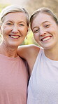 Mature mother, daughter and happy for fitness outdoor with running, walking and bonding. People, parent and smile on vertical in forest for health, support and trust with love or care on portrait