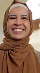 Woman, muslim and face with smile, spirituality or practice in mosque with religion or tradition. Female person, hijab and gratitude in portrait for Eid Mubarak, faith and worship at Ramadan for hope