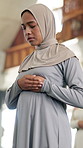 Islam, mosque and woman in hijab for praying, spiritual worship and morning dua for Allah. Reflection, respect and Muslim girl with gratitude, praise and calm meditation in faith, culture or religion