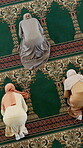 Prayer, group and above with women in mosque for spiritual, worship and trust in faith on carpet. Muslim, people and praying with peace in religious building for Islamic, dua and belief in Allah