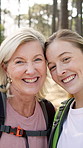 Happy women, portrait and hiking with selfie for photography, memory or generation in nature. Mother, daughter and smile with backpack for fun adventure, travel or trekking journey in forest or woods