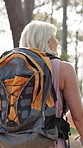 Woman, back and hiking with backpack in forest for travel, adventure or outdoor journey together. Female person, friends or group trekking with bag for fitness, workout or exercise in nature or woods