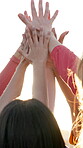 People, hands and high five for collaboration, team building and motivation with happy, women and flare. Group, huddle and outdoor for support, solidarity and success with cooperation, unity or trust